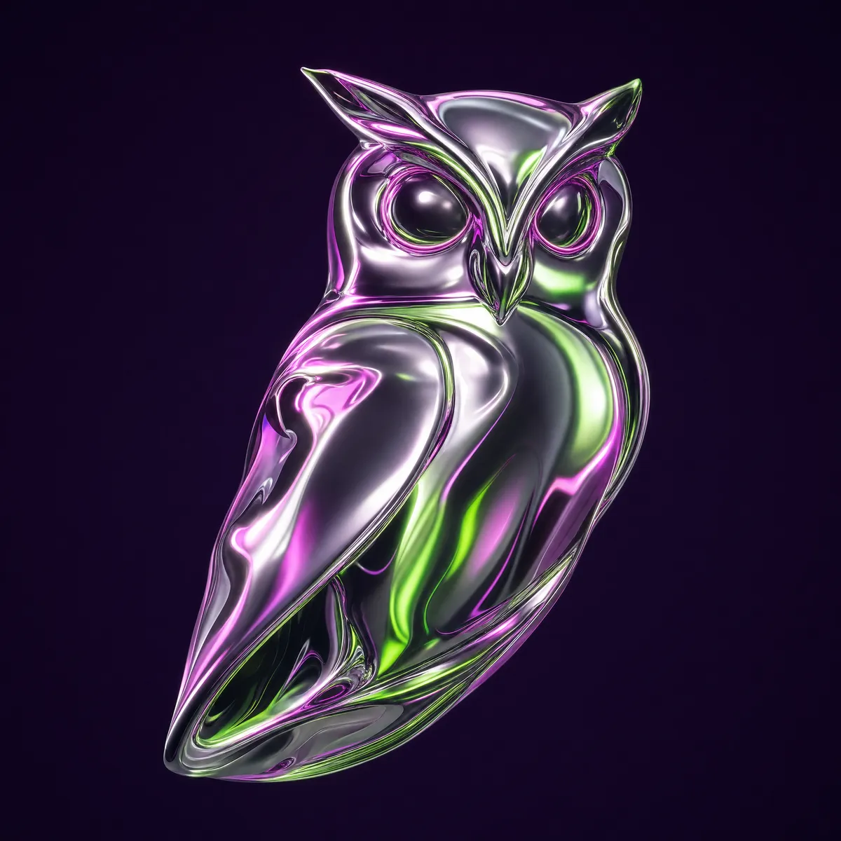 Liquid chrome sculpture of an owl with hot pink and cyber lime reflections, floating on deep violet